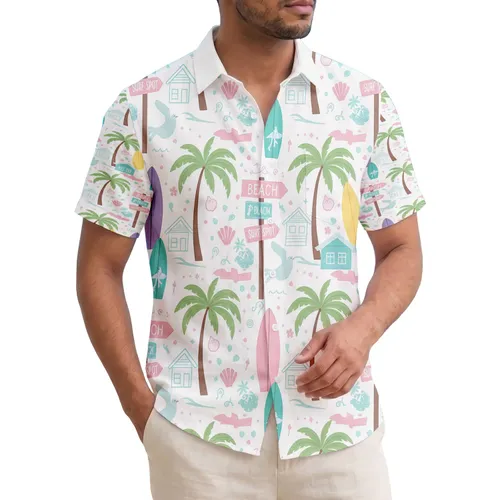 Seagull Palm Tree Beach House Surfboard Signs - Beach Vacation Gift for Surfer Hawaiian Shirt