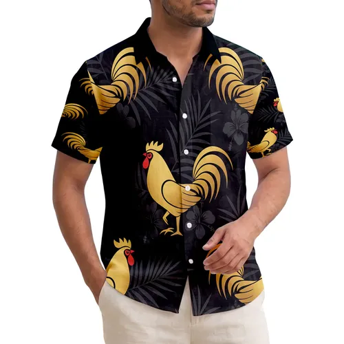 Golden Rooster Silhouette Tropical Palm Frond Hibiscus Flower - Exotic Wildlife Lover Gift Hawaiian Shirt