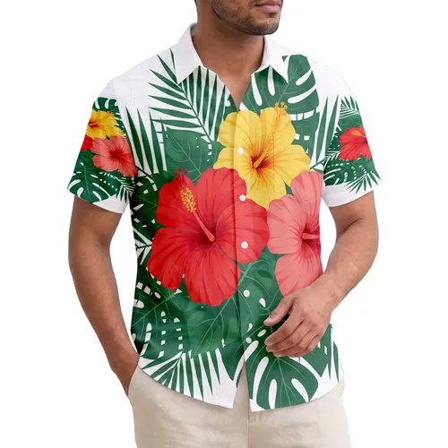 Red Yellow Coral Pink Hibiscus Flowers Tropical Leaves - Tropical Lifestyle Gift Hawaiian Shirt