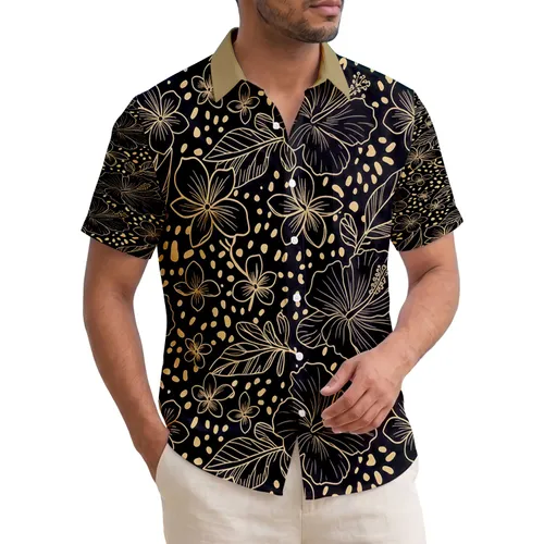 Rich Black Tropical Hibiscus Plumeria Floral Leaves Speckled Shapes - Home Decor Gift Hawaiian Shirt