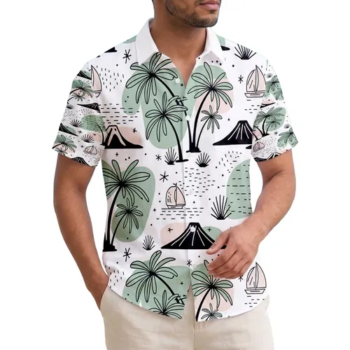 Island Volcano Palm Tree Sailboat Water Scene - Tropical Lifestyle Gift for Travelers Hawaiian Shirt