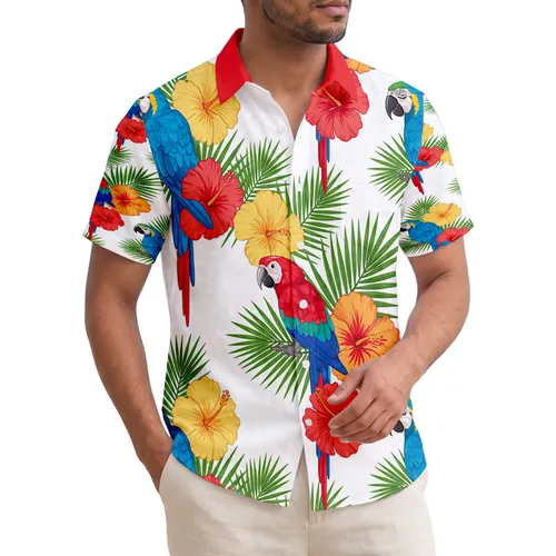 Macaw Parrots Palm Fronds Hibiscus Flowers - Tropical Home Decor Bird Gift Hawaiian Shirt