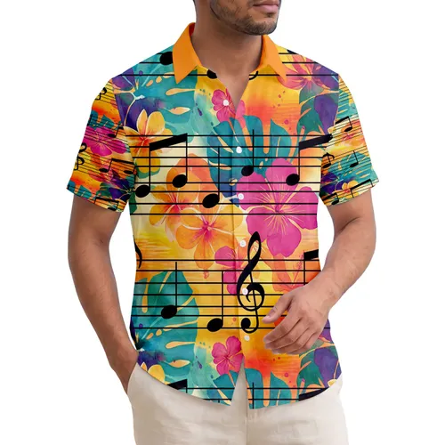 Musical Notes Tropical Flowers Monstera Leaves - Sunset Music Lover Gift Hawaiian Shirt