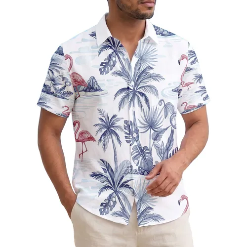 Flamingos Island Lagoon Palm Trees Tropical Foliage - Wildlife Lover Gift Hawaiian Shirt