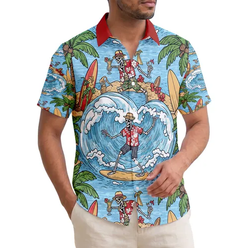 Dynamic Skeletons Surfing Palm Trees - Tropical Beach Vacation Surfer Gift Hawaiian Shirt