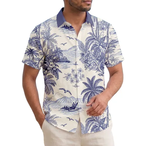 Palm Trees Traditional Boat Seabirds Ocean Mountains Scene - Travel Vacation Home Decor Gift Hawaiian Shirt