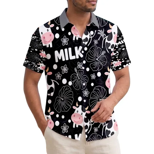 Cows Milk Hibiscus Monstera Leaves Polka Dots - Farmhouse Decor Gift for Cow Lovers Hawaiian Shirt