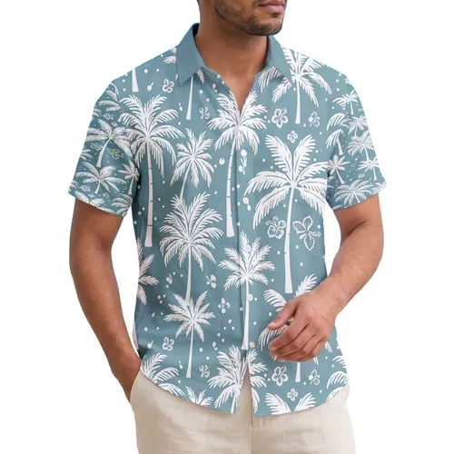 Dusty Blue-Green White Palm Trees Tropical Foliage - Tropical Island Lifestyle Gift Hawaiian Shirt
