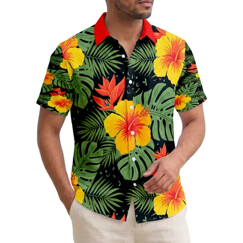 Large Hibiscus Monstera Palm Fronds Tropical Foliage - Summer Vacation Travel Gift Hawaiian Shirt