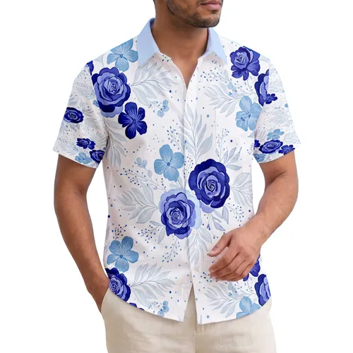 Indigo Blue Tropical Roses Blooms Leaves - Home Decor Gift for Floral Lover Hawaiian Shirt