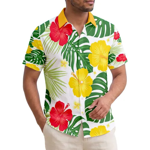 Red Yellow Hibiscus Monstera Palm Fronds - Vacation Destination Home Decor Gift Hawaiian Shirt