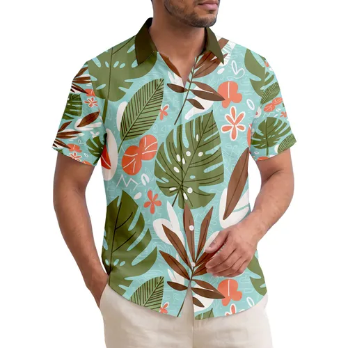 Tropical Broad Green Slender Brown Patterned Leaves Organic Shapes - Beach Lover Gift Hawaiian Shirt