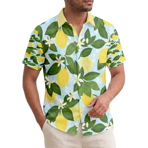 Whole Ripe Lemons Green Leaves White Blossoms Tropical Citrus Decor Gift for Home Hawaiian Shirt
