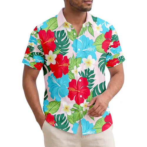 Red Teal Hibiscus Plumeria Blossoms Green Tropical Leaves - Home Decor Gift Hawaiian Shirt