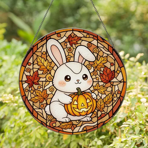 Chibi White Bunny Jack-O'-Lantern Pumpkin - Halloween Home Decor Gift Stained Glass Suncatcher