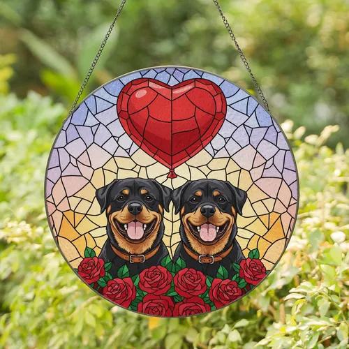 Two Happy Rottweiler Dogs Red Heart Balloon Roses Sky Colors - Home Decor Gift for Dog Lover Stained Glass Suncatcher