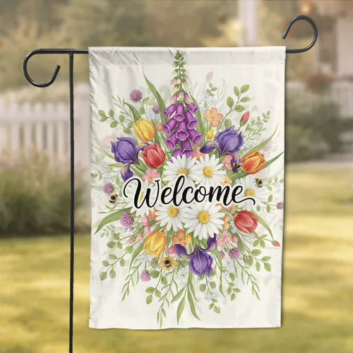 Welcome Script Daisy Foxglove Iris Flowers Bumblebee - Spring Summer Home Decor Gift Garden Flag