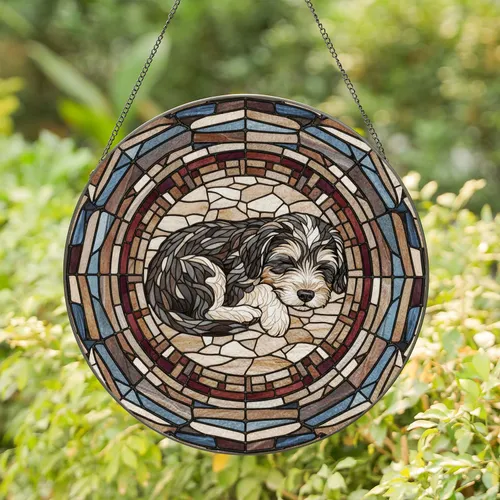 Black White Shaggy Puppy Sleeping Mosaic Bed Square - Home Decor Gift for Dog Lover Stained Glass Suncatcher