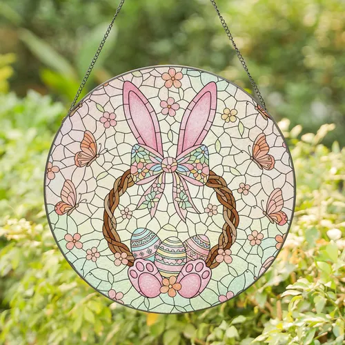 Pink Bunny Ears Easter Eggs Floral Wreath Butterflies - Easter Gift Spring Home Decor Stained Glass Suncatcher