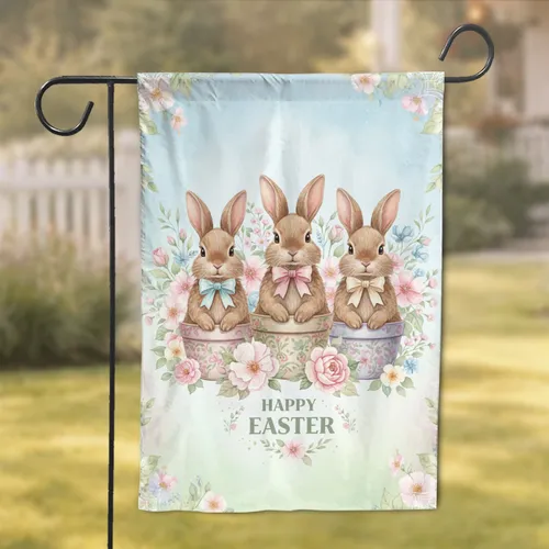 Watercolor Brown Rabbits Pastel Bows Spring Floral Pots Happy Easter Holiday Gift Garden Flag