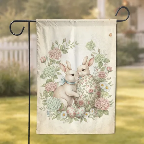 Fluffy Bunnies Blue Bow Tie Large Floral Easter Egg Spring Flowers Butterfly - Easter Gift Garden Flag