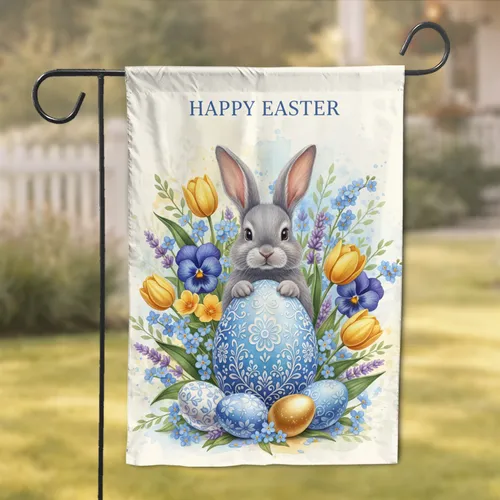 Realistic Gray Bunny Blue Easter Egg Spring Flowers - Easter Holiday Decor Garden Flag