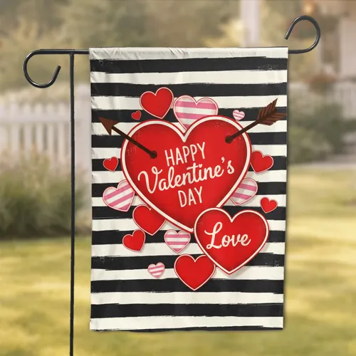Happy Valentine's Day Red Heart Pierced Arrow Hearts - Love Celebration Gift Garden Flag