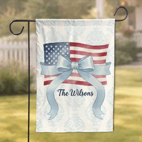 Custom Family Name Damask Ogee American Flag Dusty Blue Ribbon Bow - Home Decor Gift Garden Flag
