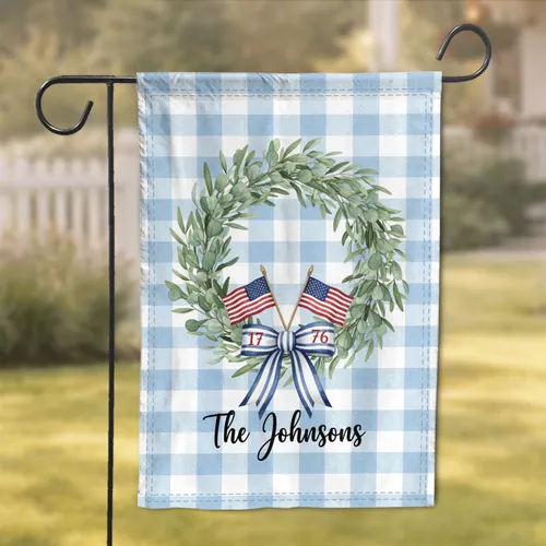 American Flag 1776 Botanical Wreath Custom Family Name - Patriotic Family Home Decor Garden Flag