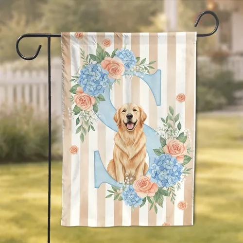 Golden Retriever Custom Initial Hydrangea Rose - Dog Lover Home Decor Garden Flag