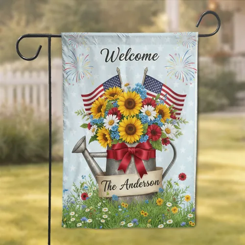 Welcome Watering Can Anderson Flag Flowers - Patriotic Home Decor Gift Custom Family Name Garden Flag