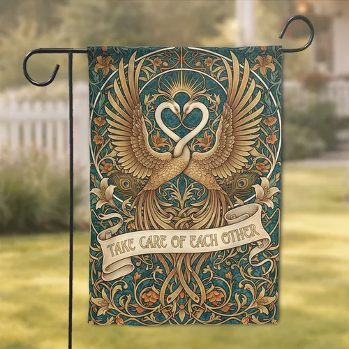 Celestial Birds Heart Lily Peacock Scroll Take Care Of Each Other - Home Decor Gift Garden Flag
