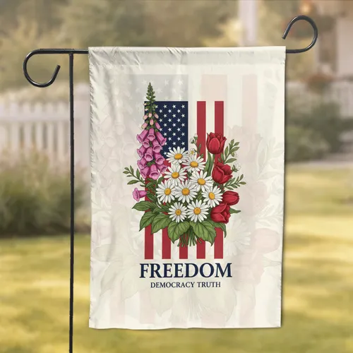 Floral American Flag FREEDOM DEMOCRACY TRUTH - Independence Day Commemorative Garden Flag