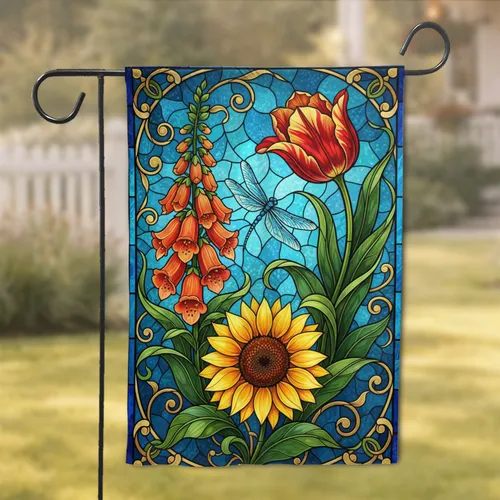 Stained Glass Foxglove Tulip Sunflower Dragonfly - Nature Lover Gift Garden Flag