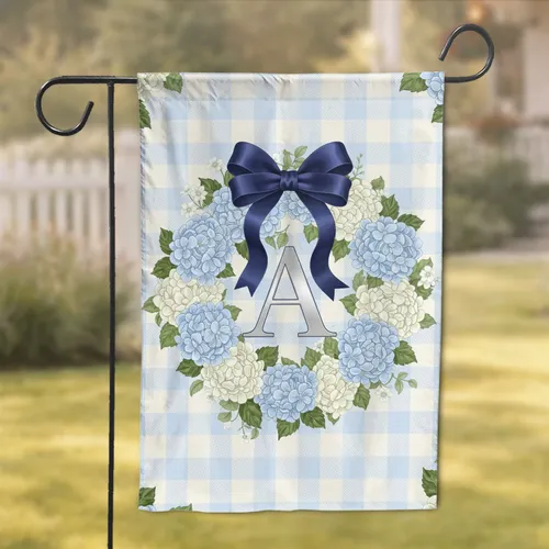 Metallic Capital Custom Letter Lush Hydrangea Wreath Navy Bow - Home Decor Gift Garden Flag