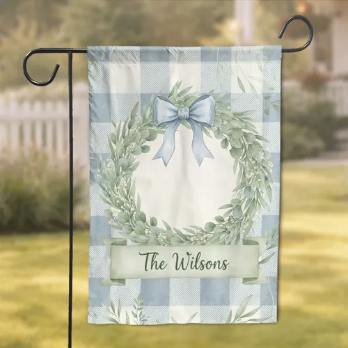 Custom Family Name Wreath Eucalyptus Blue Bow Plaid - Personalized Housewarming Home Decor Garden Flag