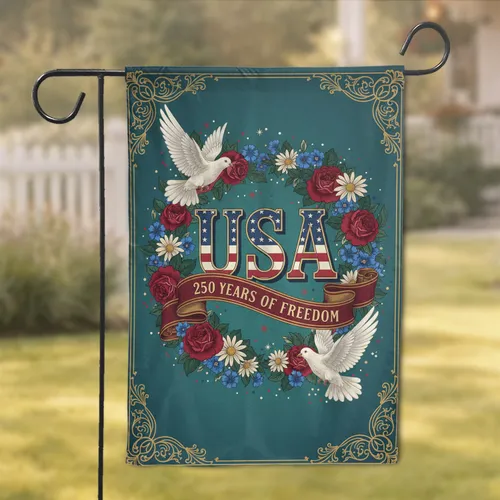 USA 250 Years Freedom Doves American Flowers - 250th Anniversary Independence Day Gift Garden Flag