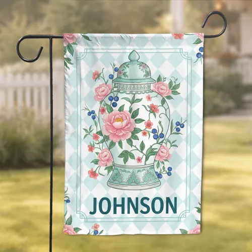 Chinoiserie Ginger Jar Pink Peony Custom Family Name - Family Home Decor Gift Garden Flag