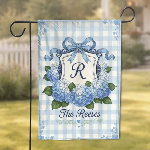 Custom Family Name and Letter Hydrangea Floral Gingham - Family Home Decor Gift Garden Flag