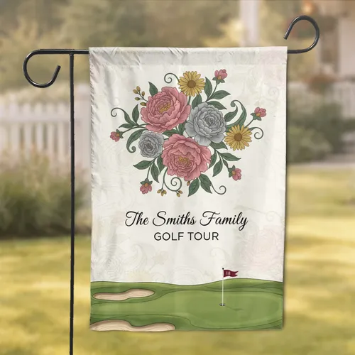 Custom Family Name Family Golf Tour Putting Green Floral Crest - Family Golf Trip Gift Garden Flag