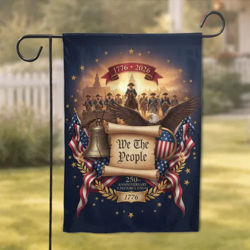 We The People Liberty Bell Eagle Soldiers - USA 250th Anniversary Independence Day Garden Flag