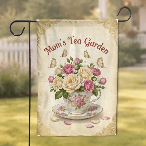 Vintage Teacup Roses Butterfly Mom's Tea Garden - Mother's Day Home Decor Gift Garden Flag