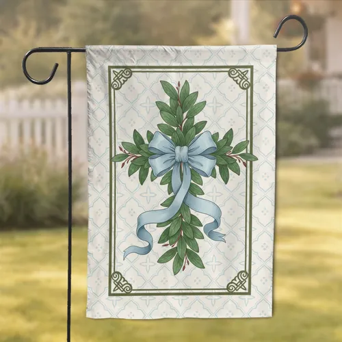 Botanical Leaf Cross Blue Ribbon Scrollwork Quatrefoil Tile - Home Decor Gift Garden Flag
