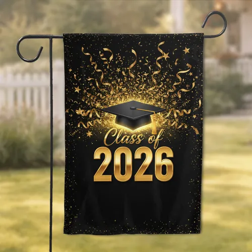 Black Graduation Cap, Golden Tassel, Class of 2026 - Graduation Party Decor for Graduates Garden Flag