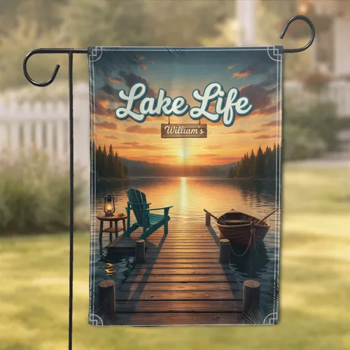 Custom Family Name Lake Life Adirondack Chair Dock Sunset - Lake House Decor Gift Garden Flag