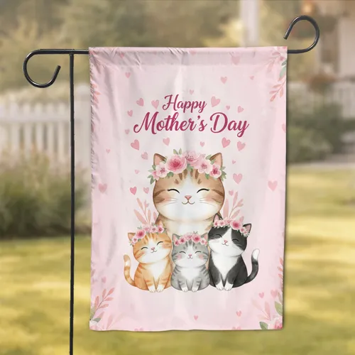 Mother Cat Kittens Floral Crown Hearts - Happy Mother's Day Gift for Cat Lover Garden Flag