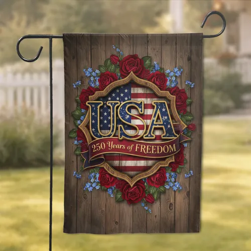 USA 250 Years of Freedom American Flag Wood Plaque Roses - 250th Anniversary Garden Flag