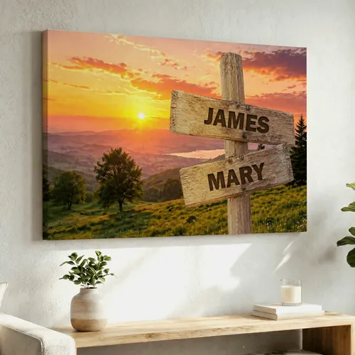 Personalized Family Name Street Sign Canvas, Custom Sunset Wall Art With Family Names, Family Wall Decor Home Decor Canvas Print, Gift For Family With Kids, New Parents Housewarming Christmas Gift