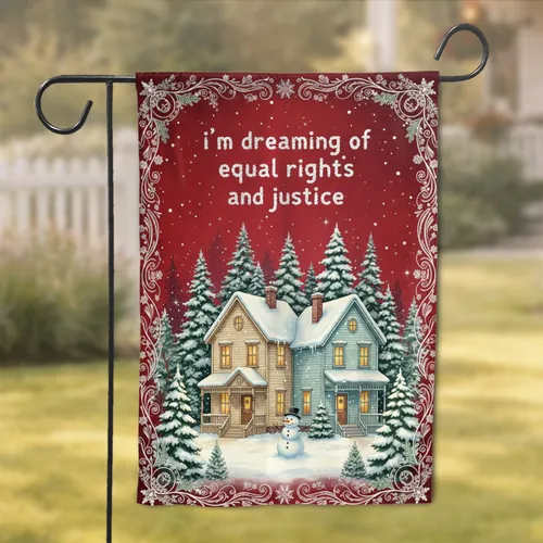Victorian Houses Snowman Winter - 'Equal Rights Justice' Holiday Advocacy Gift Garden Flag