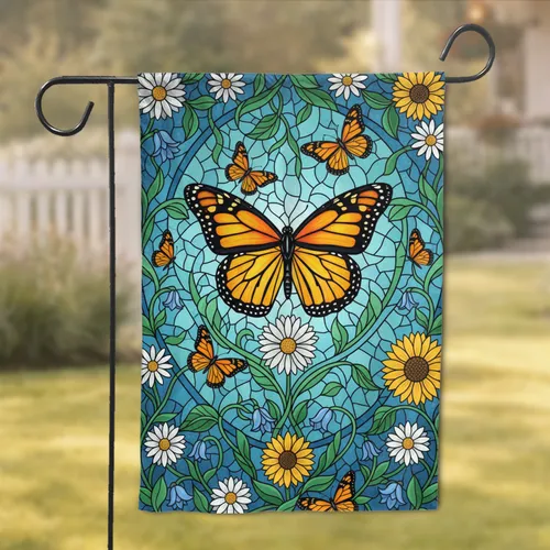 Monarch Butterflies Stained Glass Floral - Wildlife Lover Home Decor Gift Garden Flag